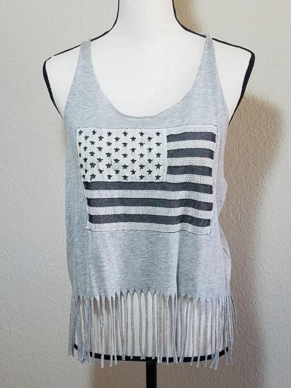 Tank Top Juniors Medium Gray Racer Back Sleeveless Womens Flag Patriotic Fringe